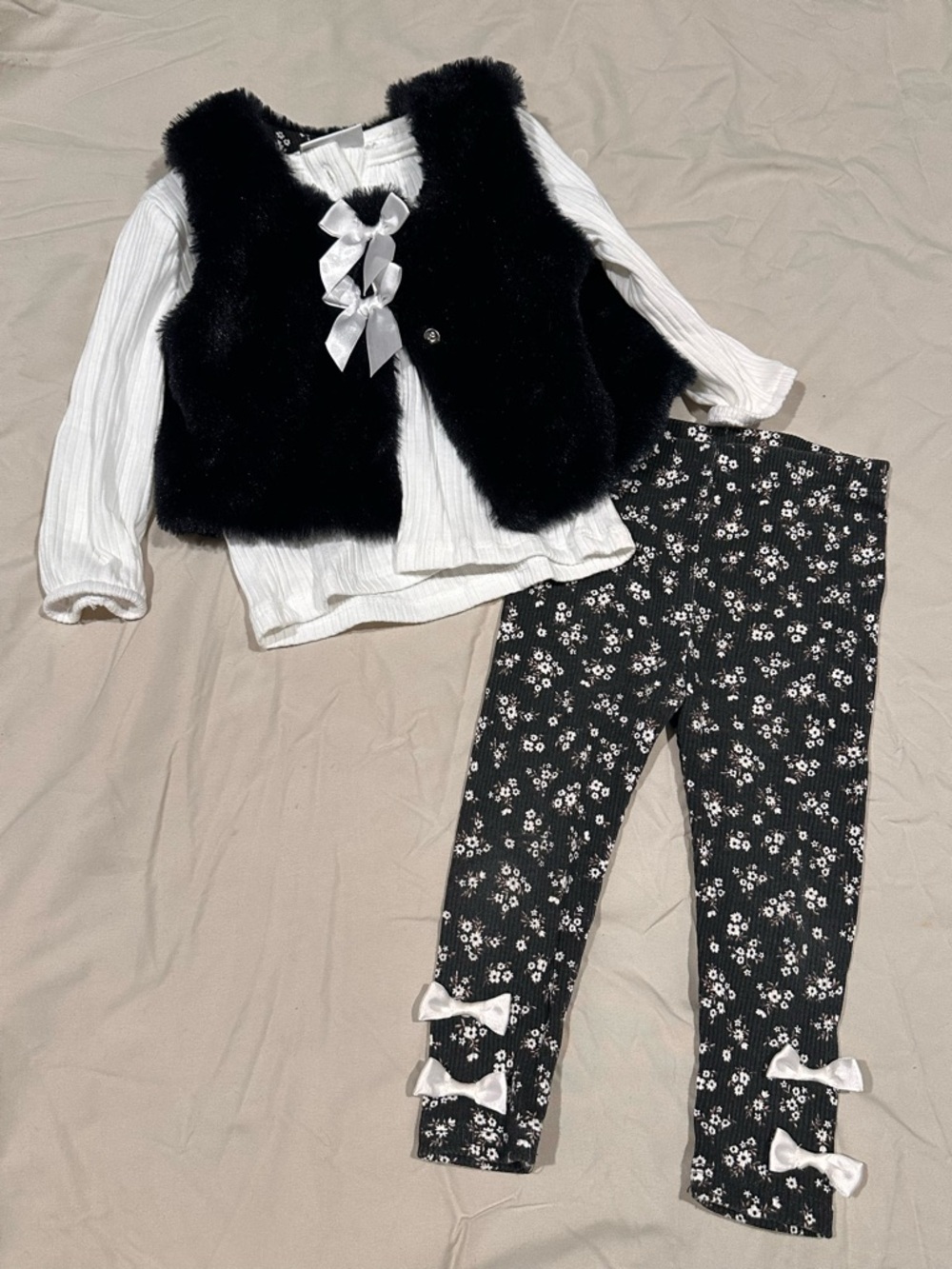 Girls Black & White Fur Vest & Floral Legging Set